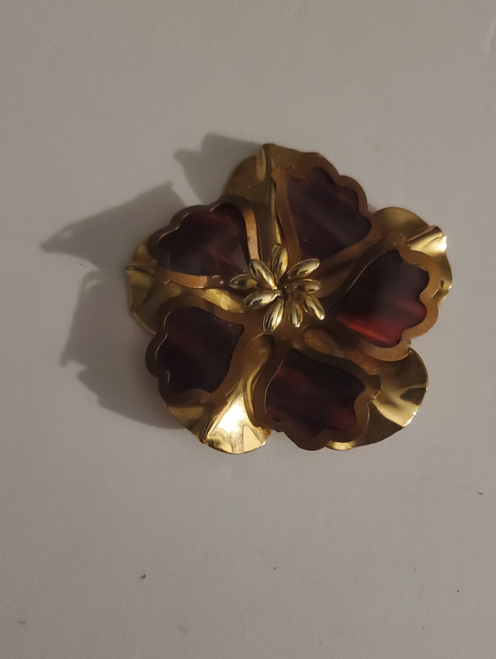 Vintage Gold-Tone Metal Large Floral Brooch with Red Lucite Petal Inset